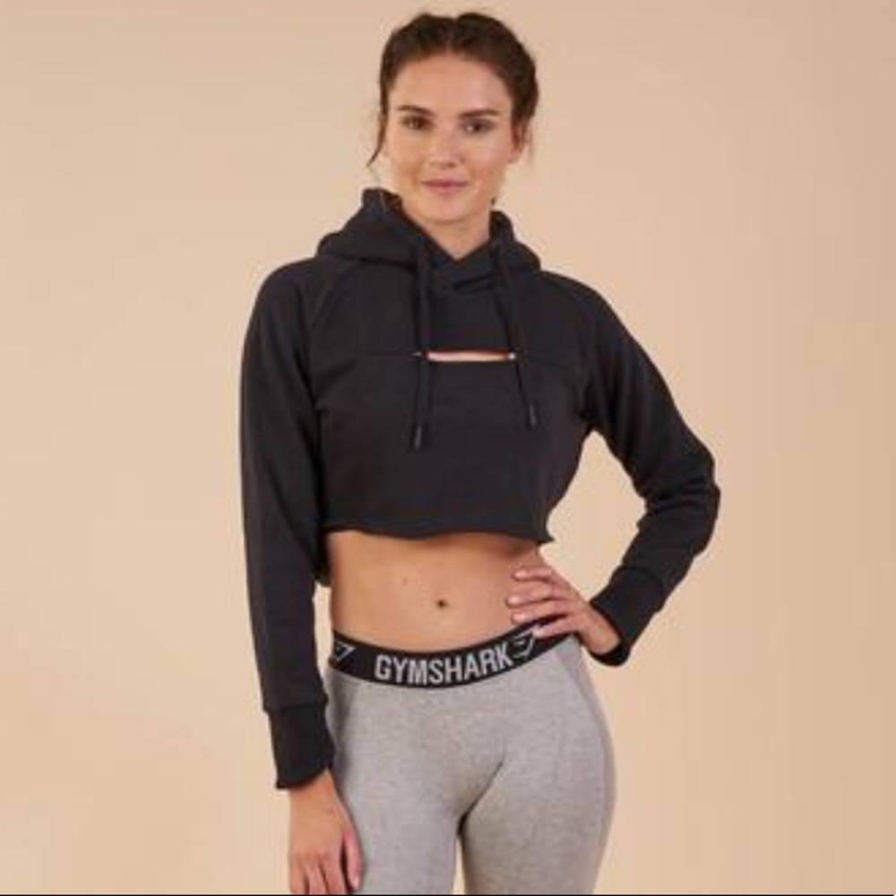 NWT-XS Gymshark Cropped Raw Edge Hoodie- Black